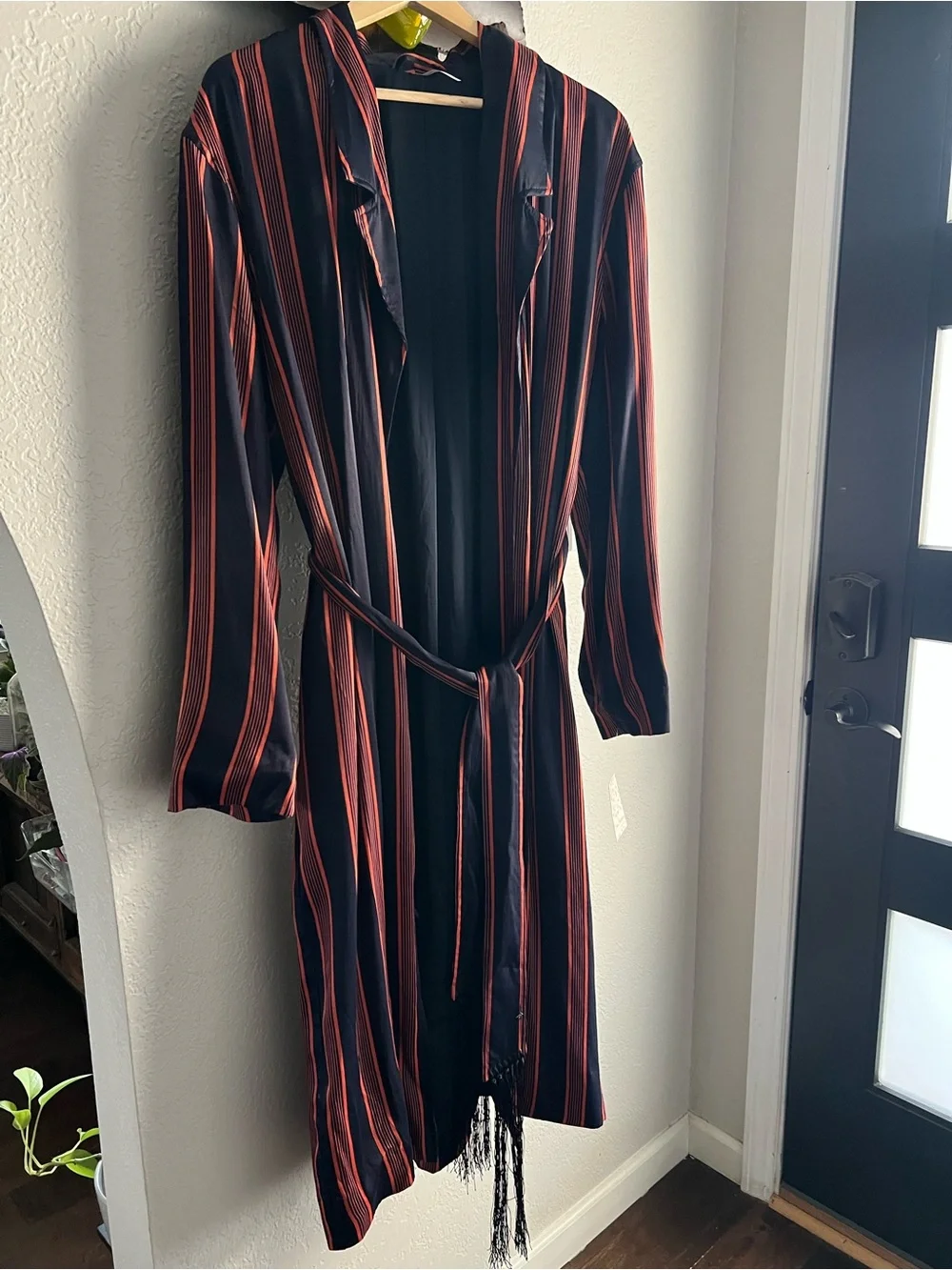 Free People Black Robe/Duster with Red Stripe and Multicolor Embroidered Wings